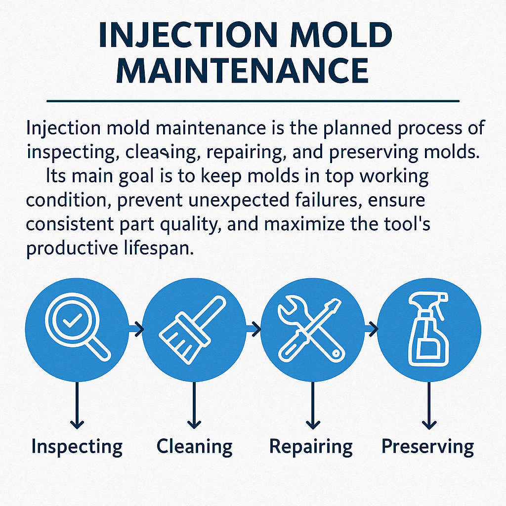 Detailed view of injection mold components needing maintenance